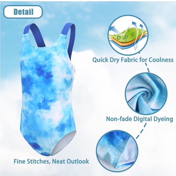 Girls One Piece Swimsuits Blue Tie Dye Sport Halter Swimwear Bathing Suit 9-10y - Picture 3 of 5